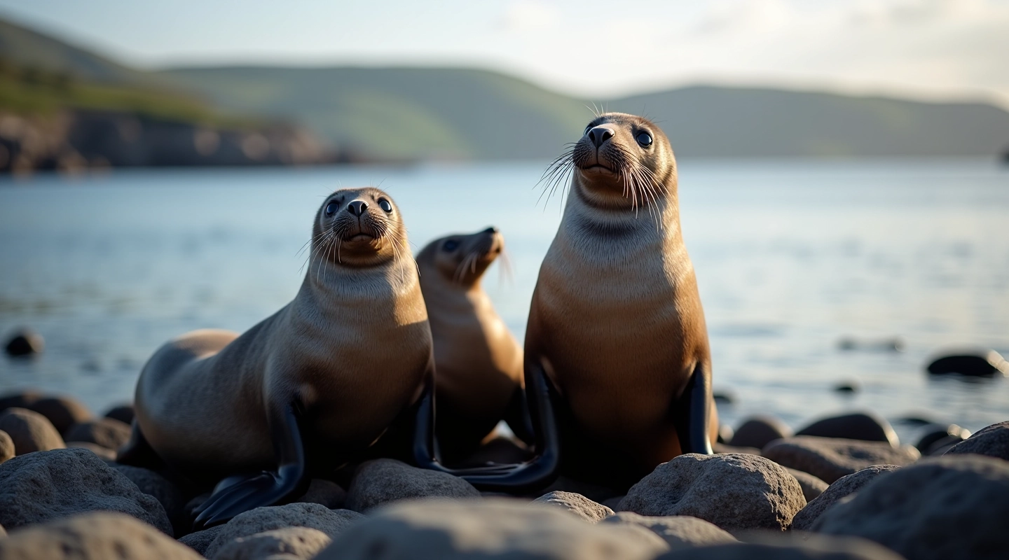 Harbor seals resting on rocky shoreline with water visible in background