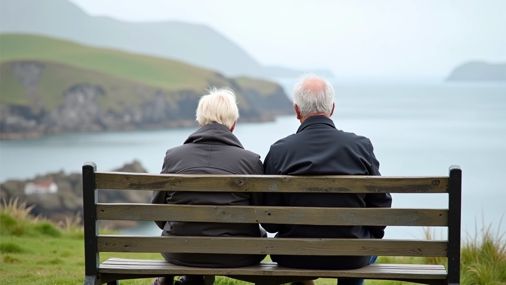 Senior couple sitting together on wooden bench overlooking coastal water with calm expressions